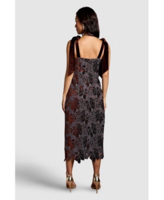 Women's Velvet Lace Tie Shoulder Midi Dress