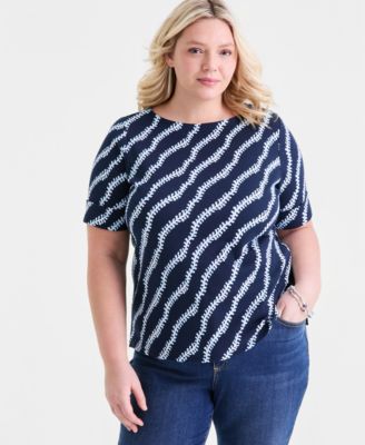 Plus Size  Printed Boat-Neck Elbow Sleeve Cotton Top,  Macy's Exclusive