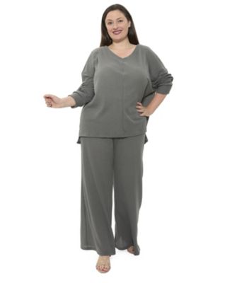 Plus Size V-Neck Long-Sleeve Soft Waffle Knit Top and Pant Set