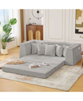  Corduroy Convertible Sofa Bed Loveseat with 5 Pillows, Side Pocket, No Assembly