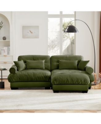  Olive Green Velvet Two-Seater Sofa with Ottoman and Pillows