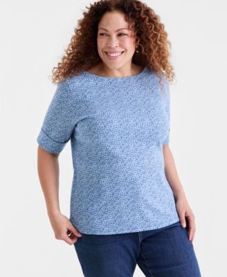 Plus Size Boat-Neck Elbow Sleeve Cotton Top,  Macy's Exclusive