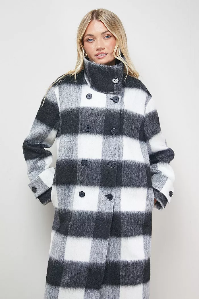 Women's Brushed Check Funnel Neck Coat - thumbnail 7