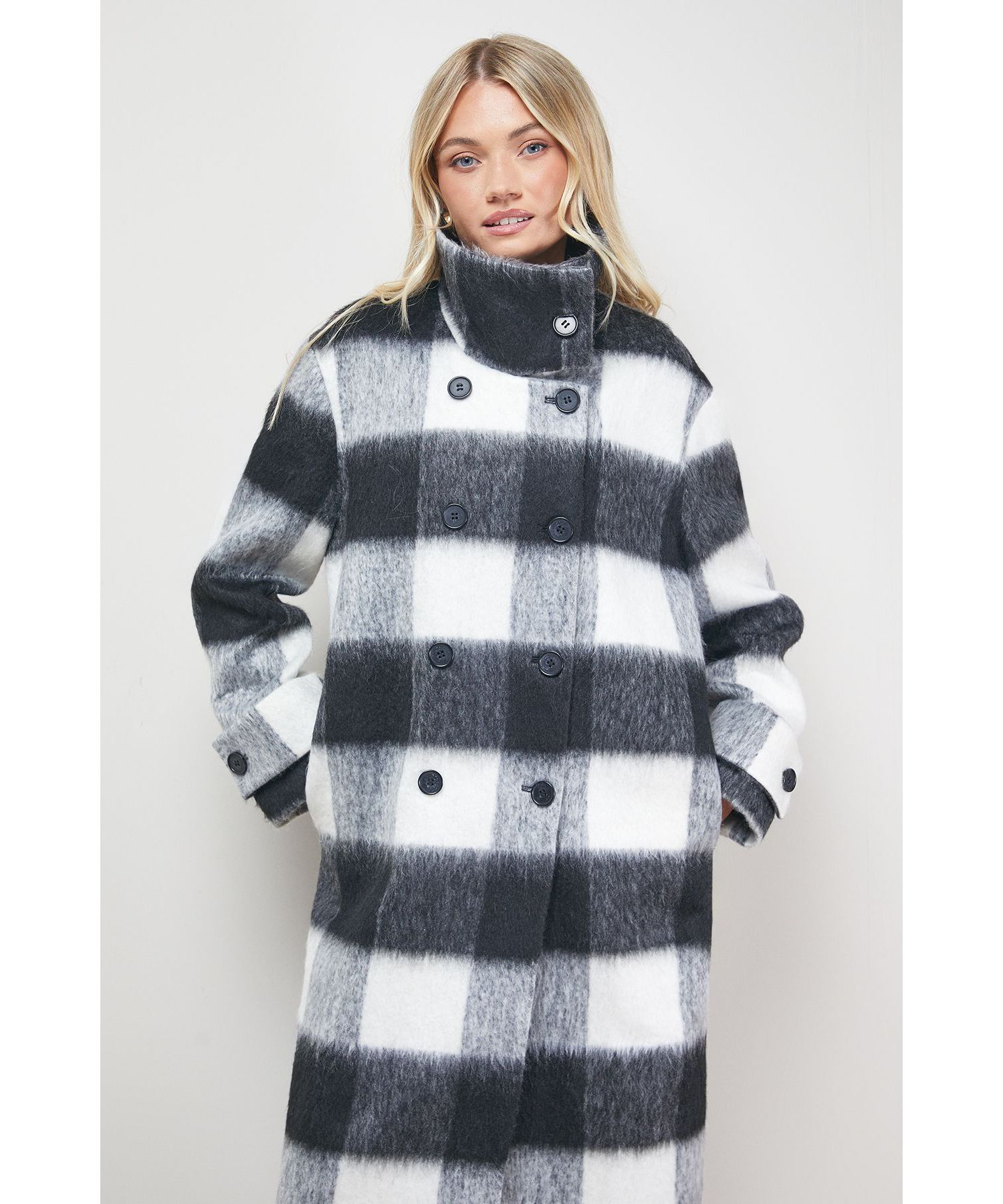 Women's Brushed Check Funnel Neck Coat