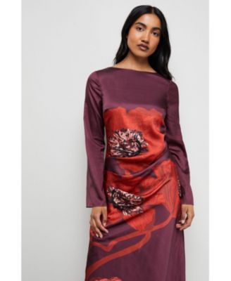 Women's Floral Placement Print Satin Midi Dress