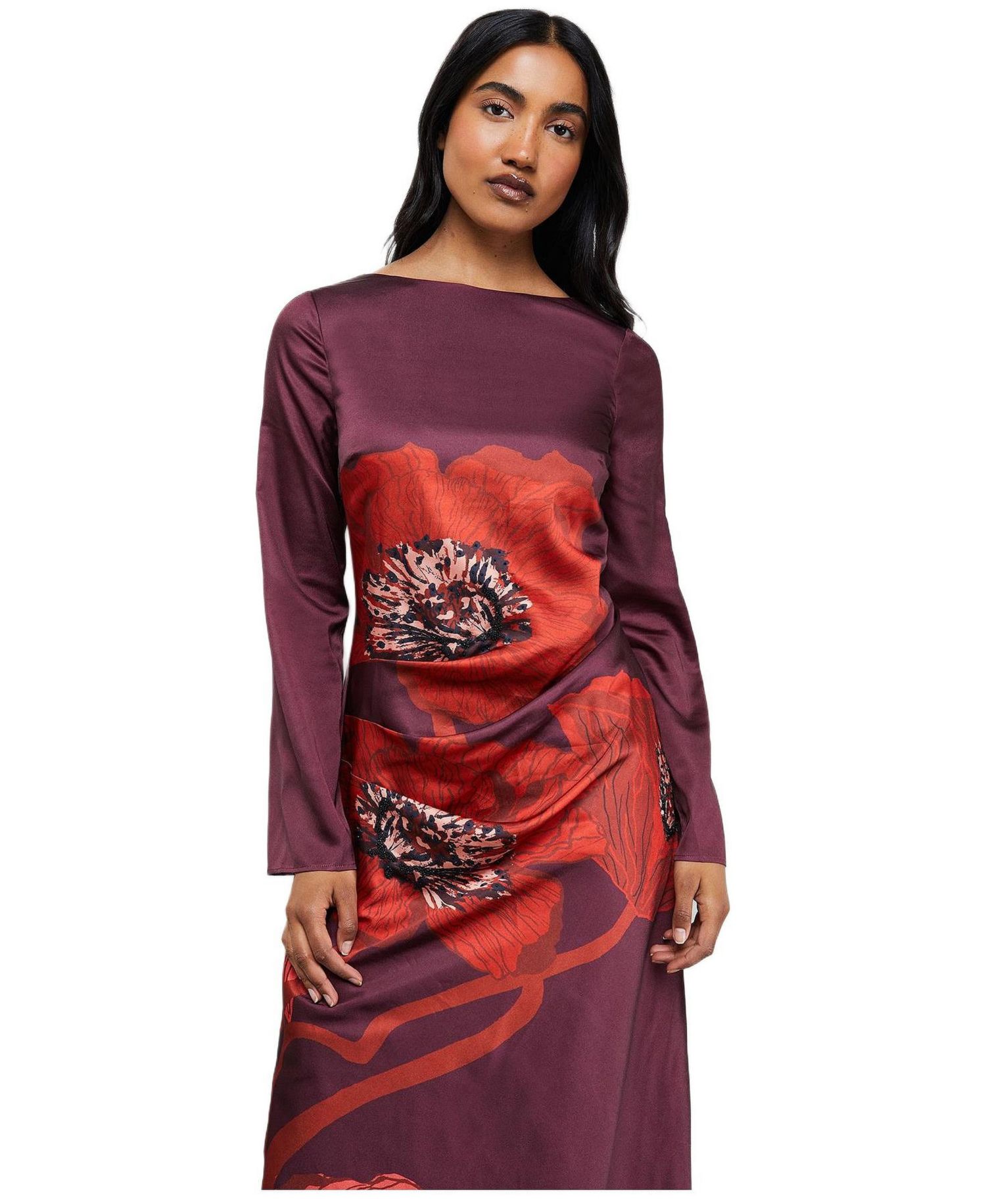Women's Floral Placement Print Satin Midi Dress