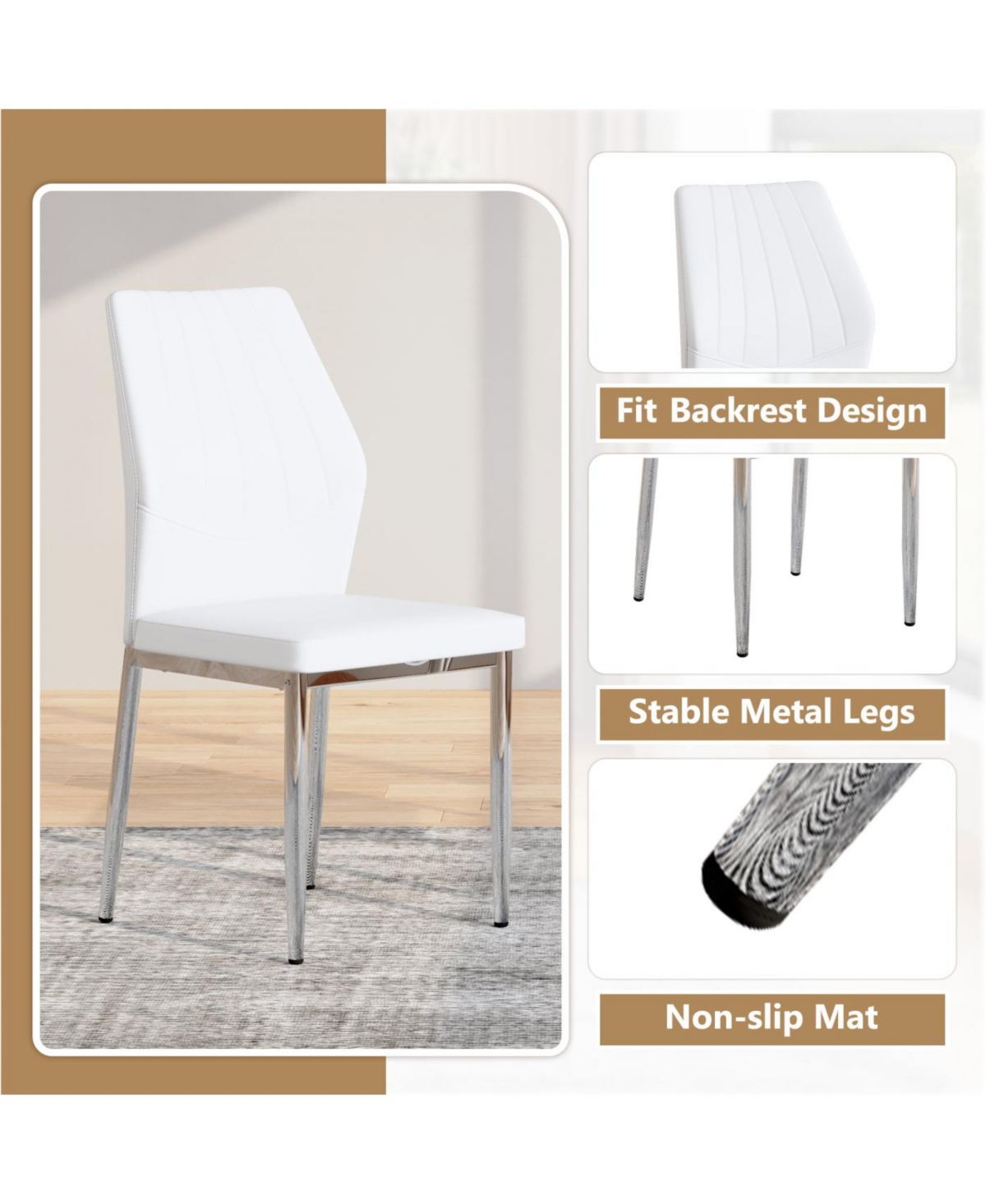 Streamdale Furniture Streamdale Set of 4 Silver & White Dining Chairs, 37" High, Ergonomic Pu Backrest
