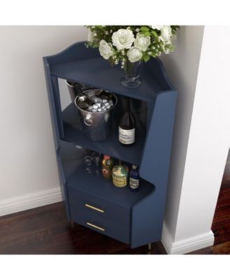 Streamdale Wooden Corner Bar Cabinet with Shelves and Drawers, Mirrored Back, Blue