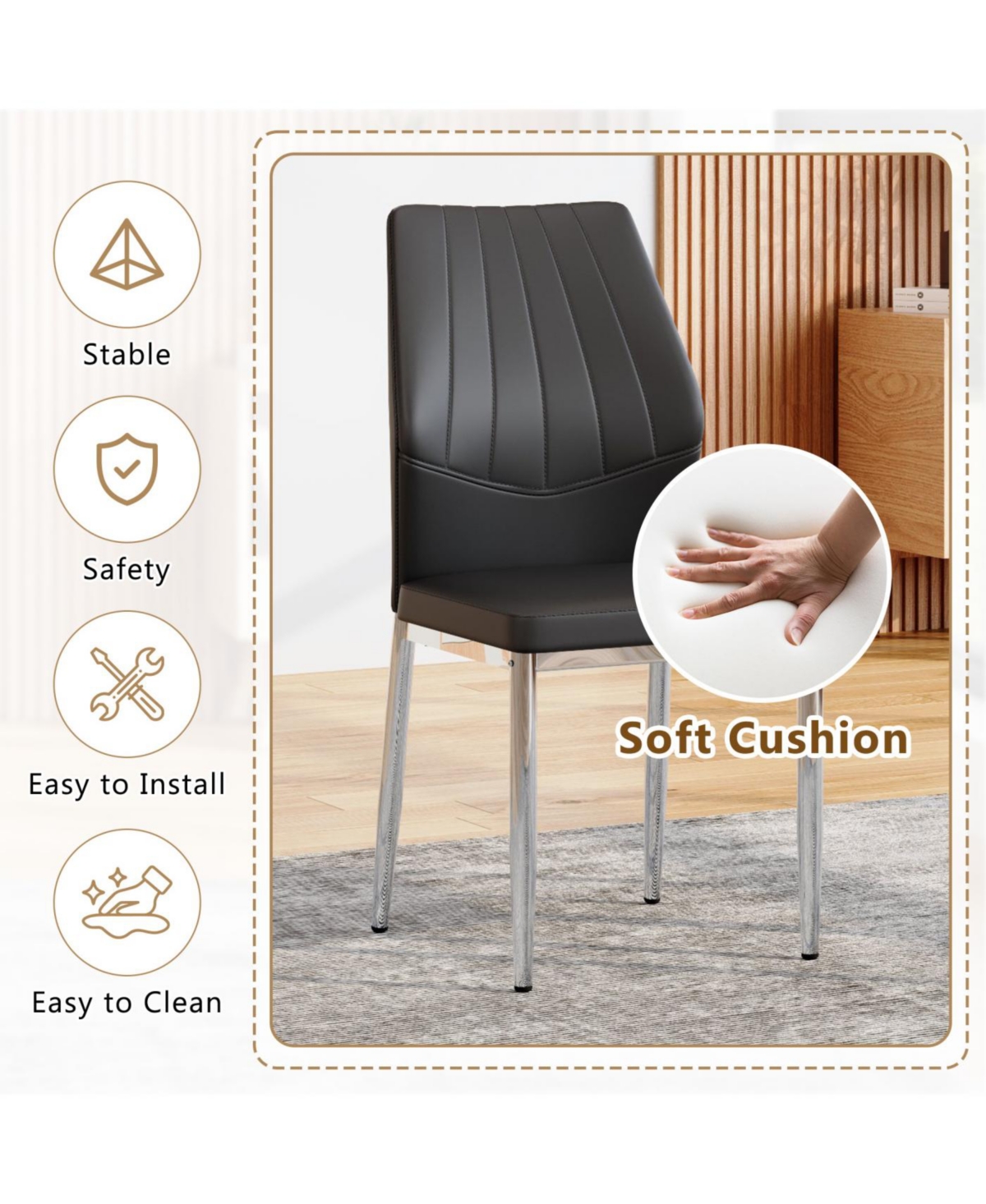 Streamdale Set of 6 Black & Silver Dining Chairs, 37" High, Ergonomic Pu Backrest