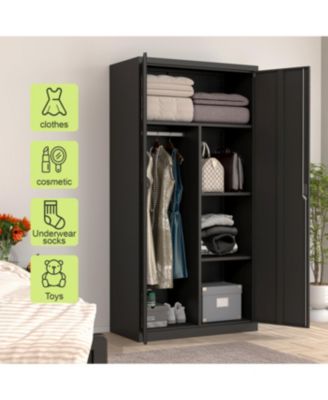 Streamdale Black Metal Large Wardrobe with Hanging Rod & Compartments, Lockable Closet