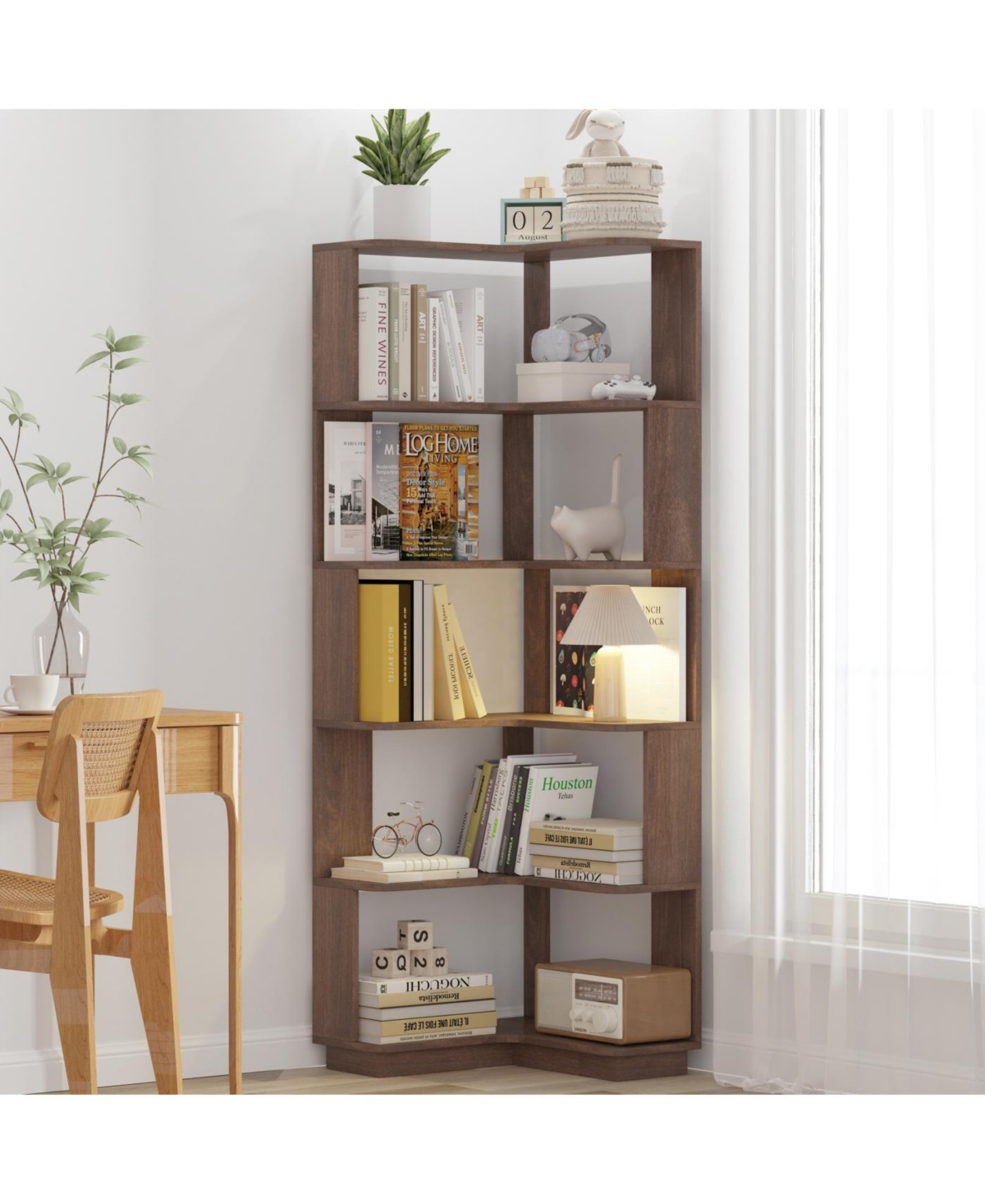 Streamdale 6 Tier L-Shaped Corner Bookshelf with Anti-Drop & Anti-Tipping Device - Dark Brown