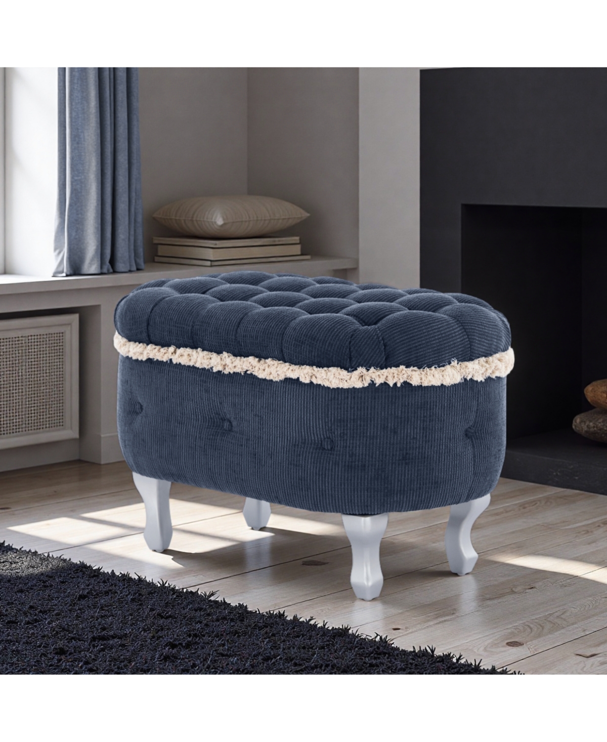 Streamdale Blue Storage Bench with Button-Tufted Fabric Upholstery and Fringe