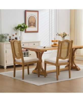 Solid Wood Rattan Back Dining Chair - Natural Linen Cushion