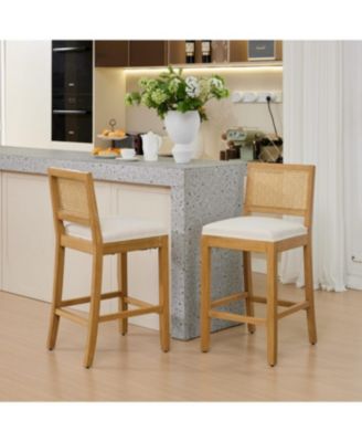 Streamdale Solid Wood Rattan-Inspired Bar Stool with Linen Cushion