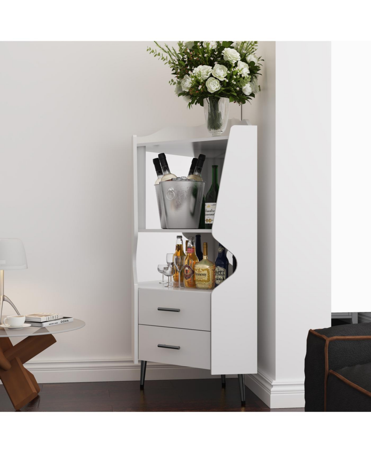 Streamdale Furniture Streamdale Wooden Corner Bar Cabinet with Storage Shelves and Drawers, White