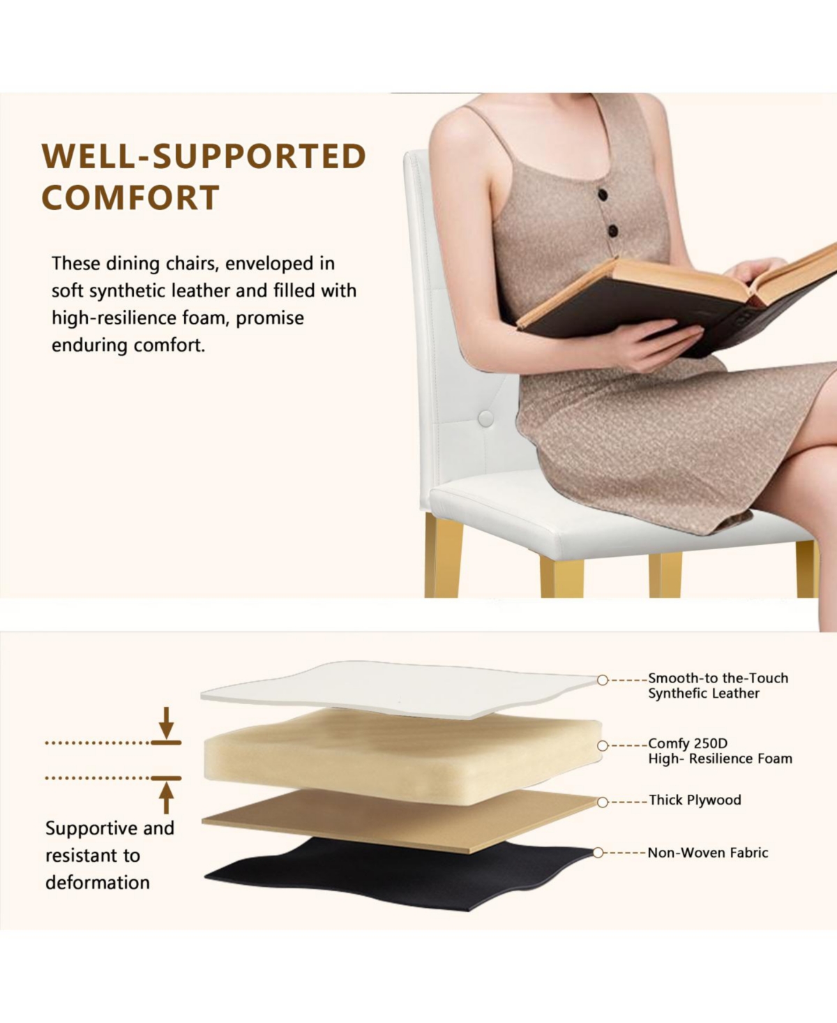 Streamdale 4-pack White Pu Dining Chairs, Ergonomic Buckle Back, 35"H, Golden Metal Legs