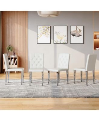 4-pack white PU dining chairs with buckle backrest & silver legs