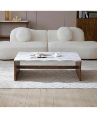 Whisper of Waves Modern Coffee Table, White Faux Marble, Walnut Brown