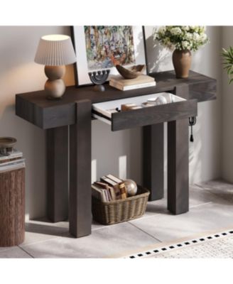 Streamdale Rustic Minimalist Console Table with Hidden Drawer and Power Outlet (Black)