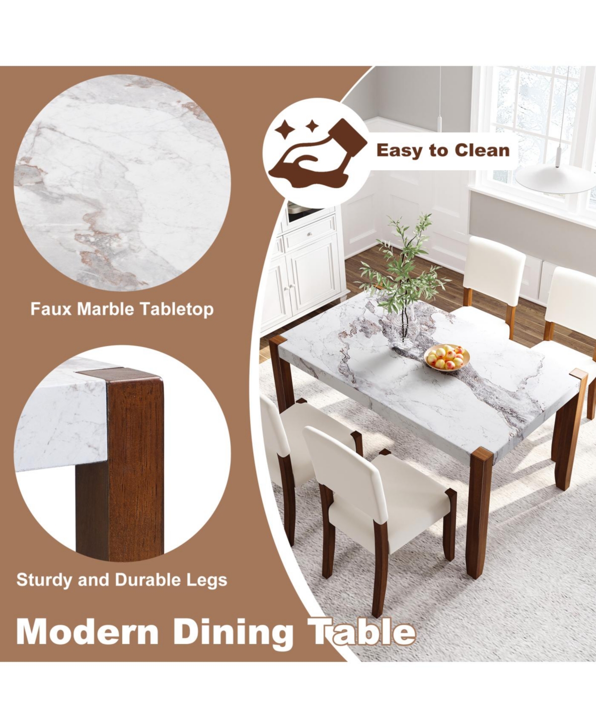 Streamdale Furniture 5-Piece Faux Marble Dining Table Set for 4 with Upholstered Chairs, Gray
