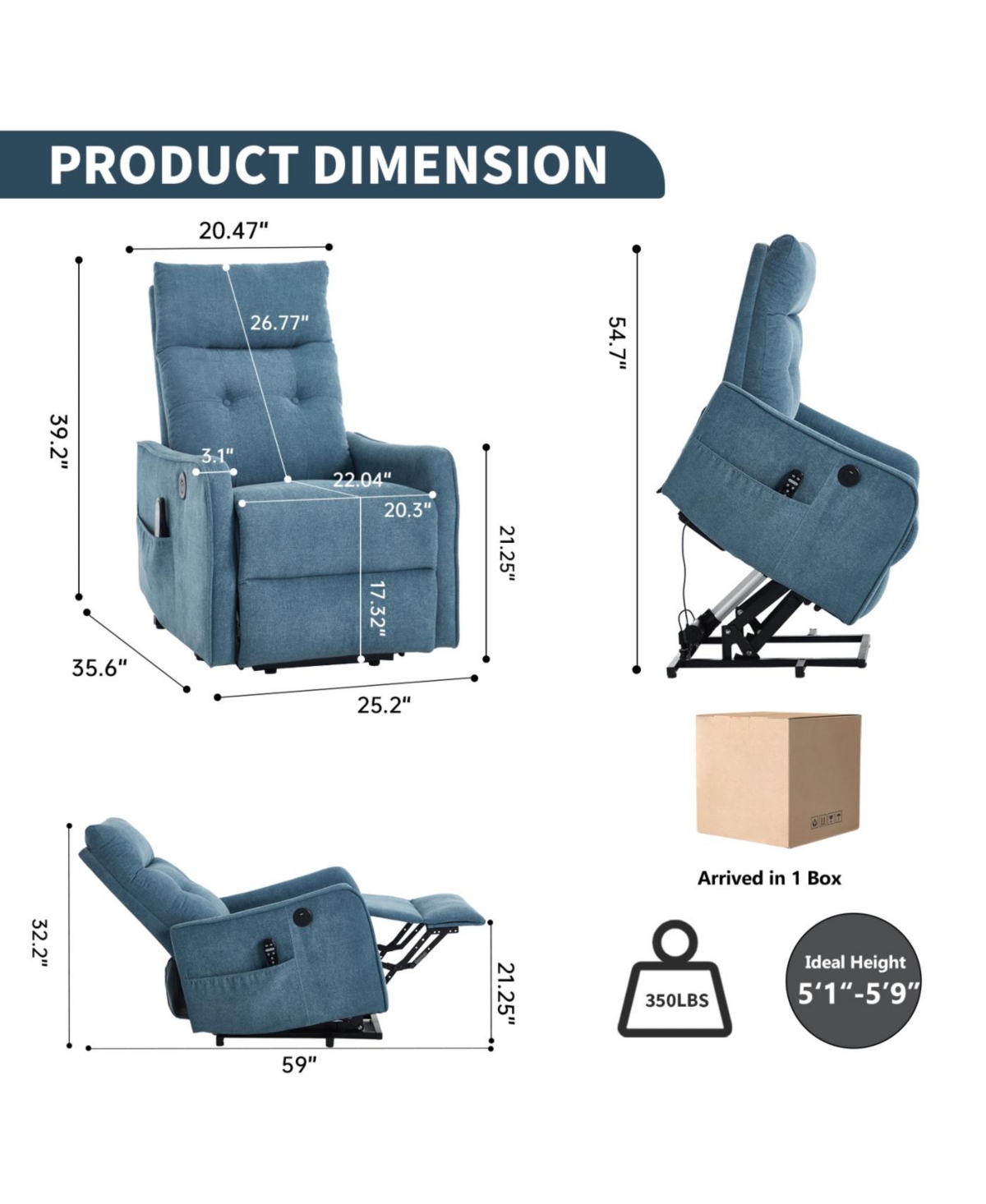 Streamdale Furniture Blue Chenille Power Lift Recliner Chair with Massage, Heat & Usb Charging