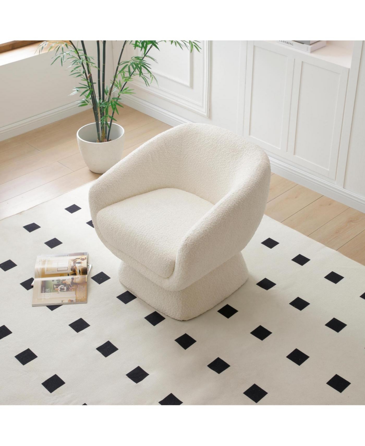 Streamdale Furniture White Boucle Swivel Chair, Solid Wood Frame, Modern Armchair