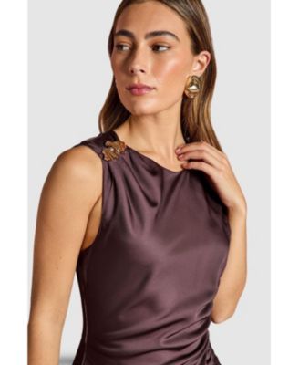 Women's Ruched Print Satin Midi Dress.