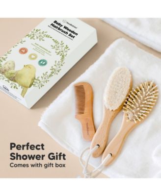 Baby Hair Brush and Comb Set, Oval Wooden Baby Brush Set for Newborns, Infant, Toddler Grooming Kit