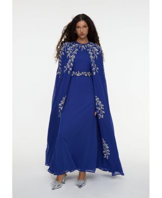 Women's Modest Embellished Sequin Beaded Cape Dress Maxi