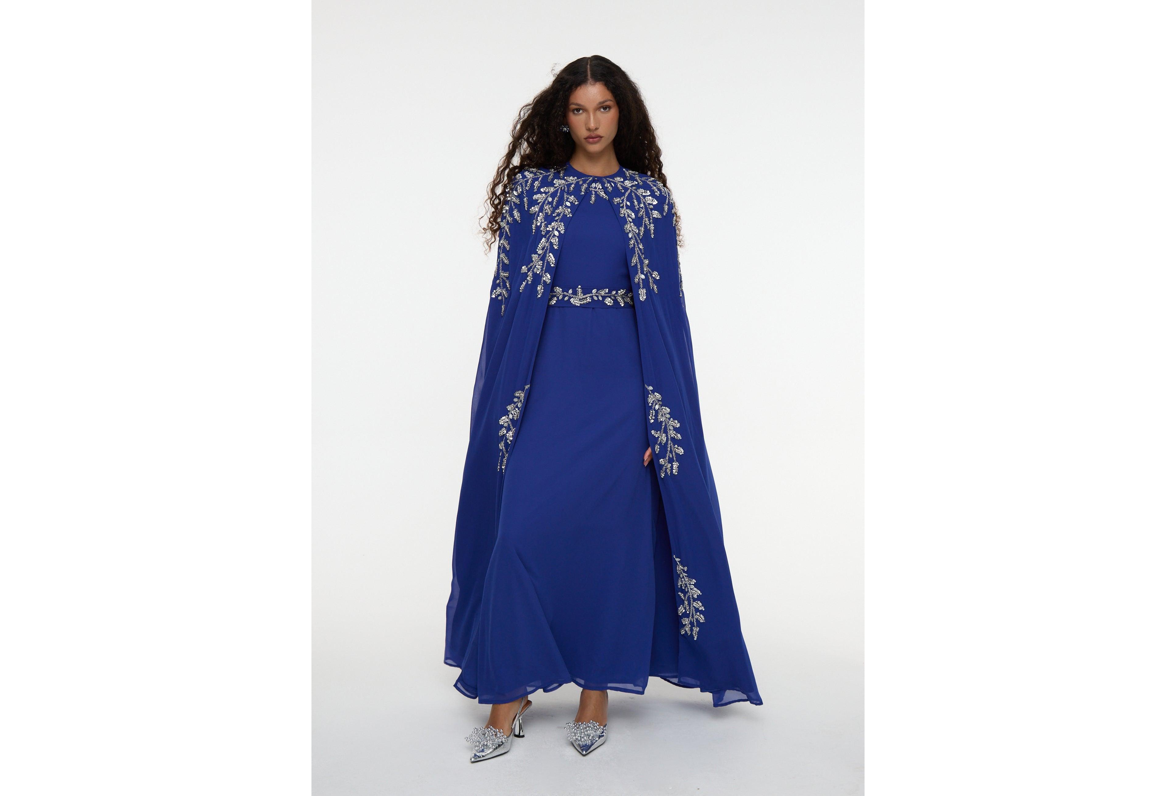 Maryisa Women's Modest Embellished Sequin Beaded Cape Dress Maxi
