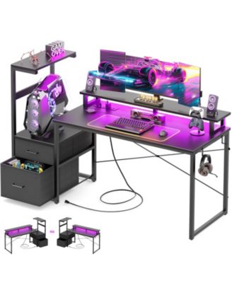 Gaming Desk with Outlets and LED Light, 59'' Reversible Computer Desk with File Drawers & Monitor Stand