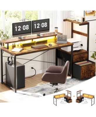 Gaming Desk with Outlets and LED Light, 59'' Reversible Computer Desk with File Drawers & Monitor Stand