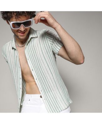 Men's Men's White & Green Unbalanced Striped Woven Shirt