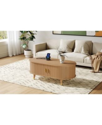 Streamdale Oval Fluted Coffee Table with Charging Station - Mid-Century Style