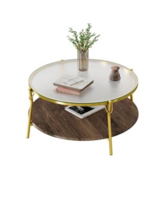 Streamdale Modern Round Walnut Coffee Table with Glass Top & Gold Base
