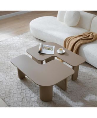 Streamdale 2 Pcs Modern Modular Coffee Table Set, Farmhouse Tables w/ Multi-layer Paint, Khaki
