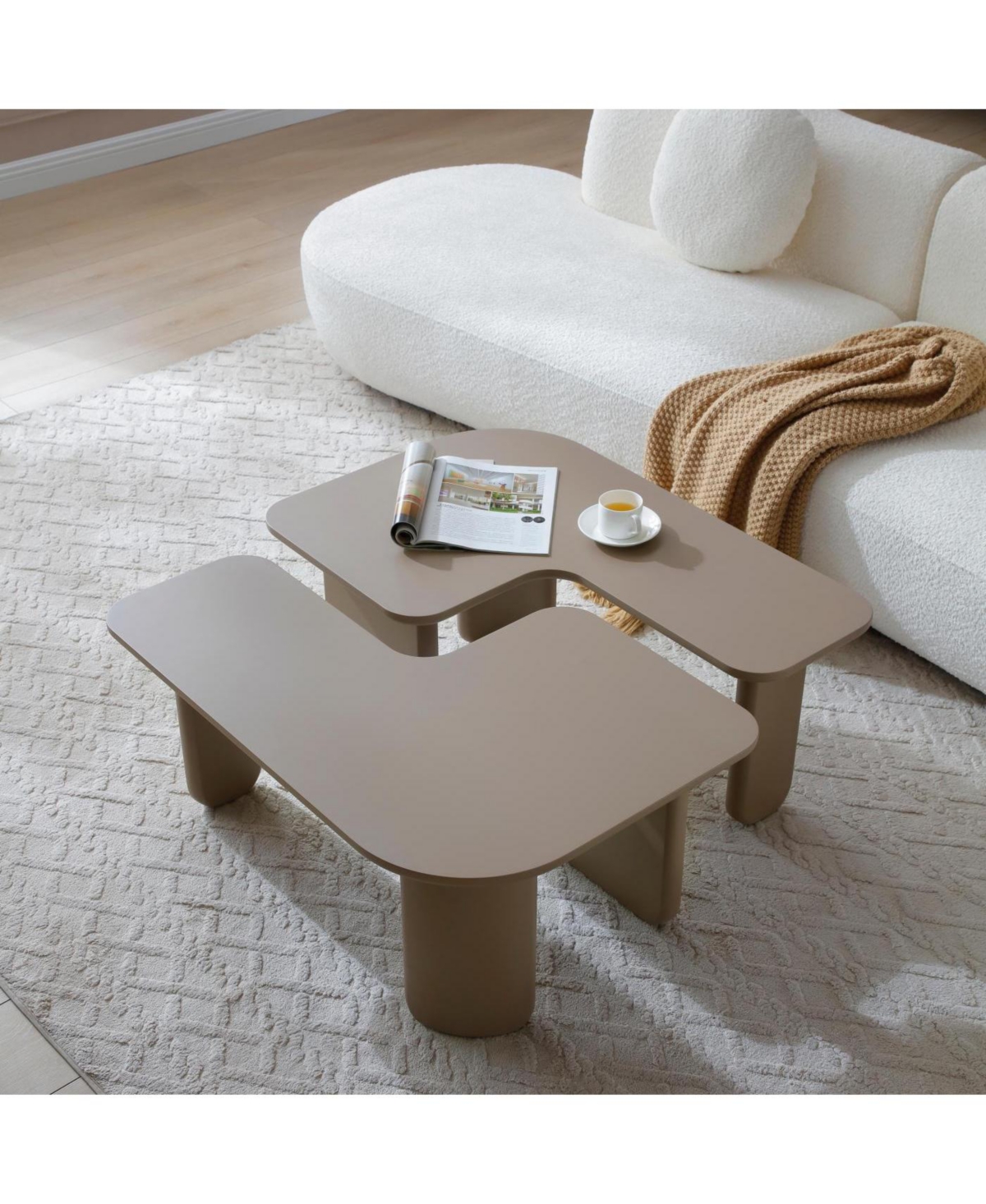 Streamdale 2 Pcs Modern Modular Coffee Table Set, Farmhouse Tables w/ Multi-layer Paint, Khaki