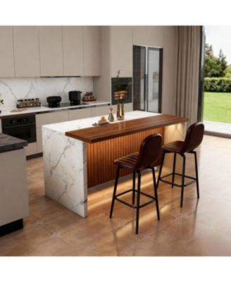 Modern Kitchen Island Set with 2 Bar Stools - White Marble Look, LED Lighting & Grill Design