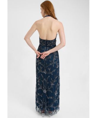 Women's Embellished Sequin Beaded Maxi Dress With Halter Neck With Deep V-Cut