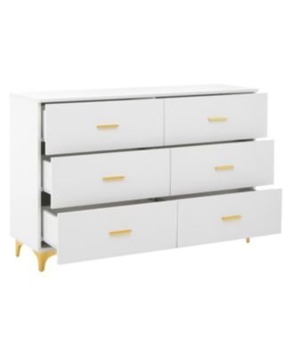 Six drawers, golden straight aluminum handle, golden triangle legs, white locker