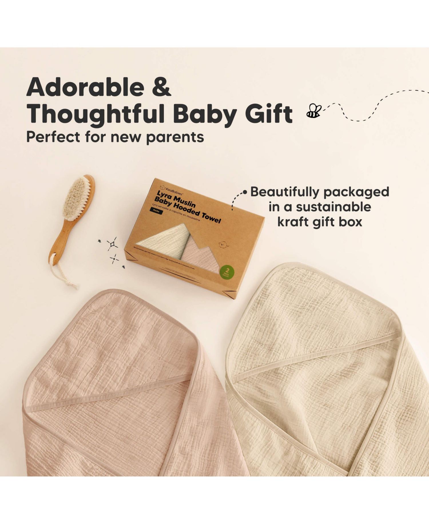 2pk Lyra Muslin Baby Towels with Hoods for Girl, Boy, Soft, Absorbent, Cotton Hooded Baby Bath Towels