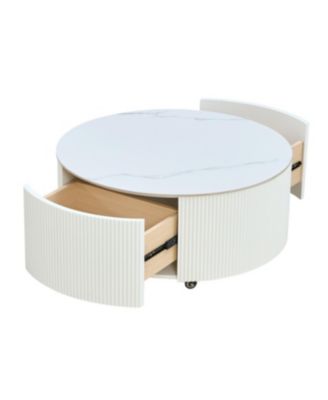 Streamdale Modern Round Coffee Table with Casters & 2 Drawers, White Marble Top