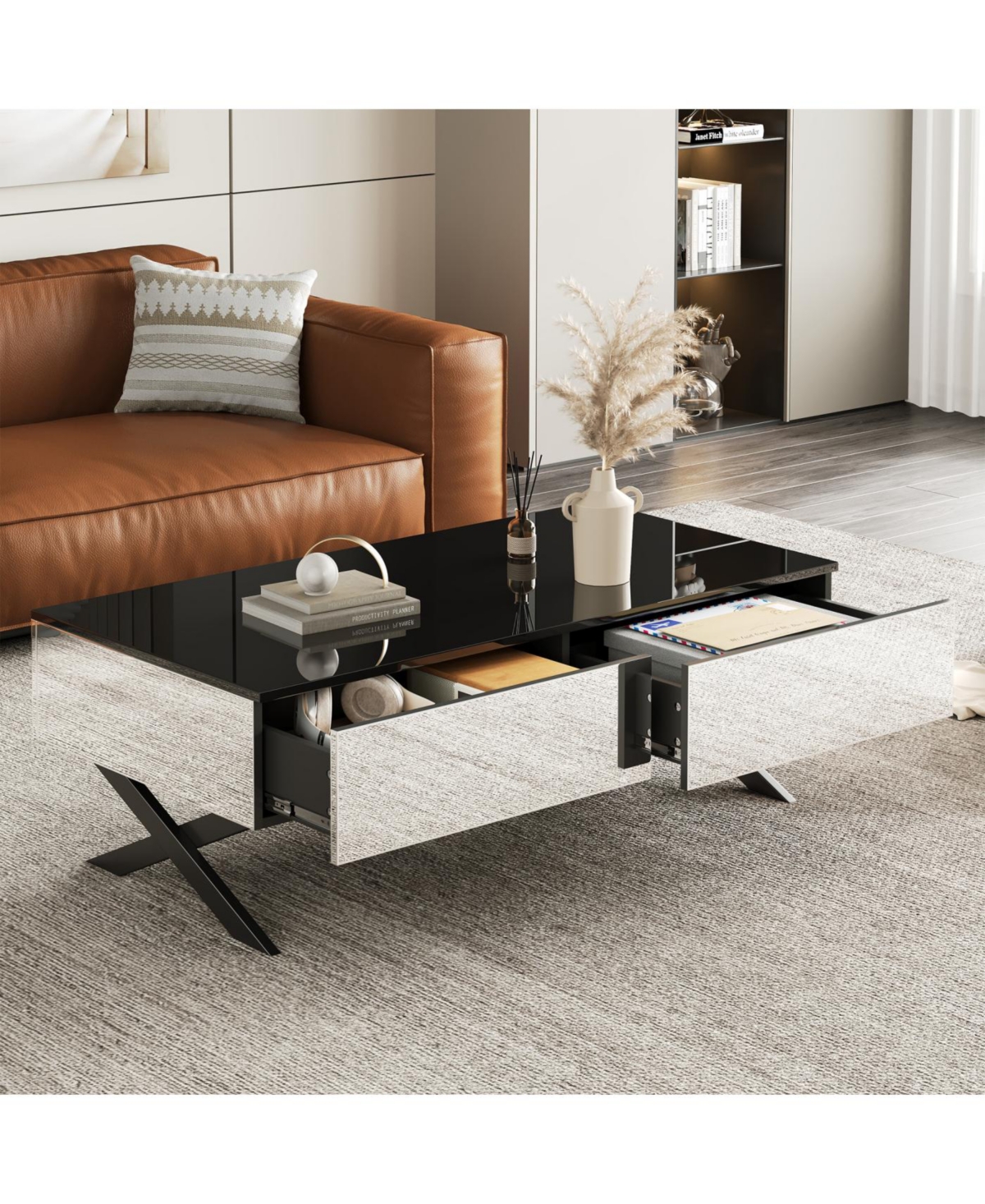 Streamdale Furniture Streamdale Rectangular Black High Gloss Coffee Table with Storage - 47.3