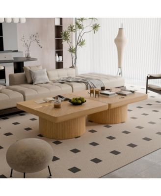 Streamdale 34.6" Square Coffee Table, Modern Wood Veneer Top with Parquet Pattern & Cylindrical Base