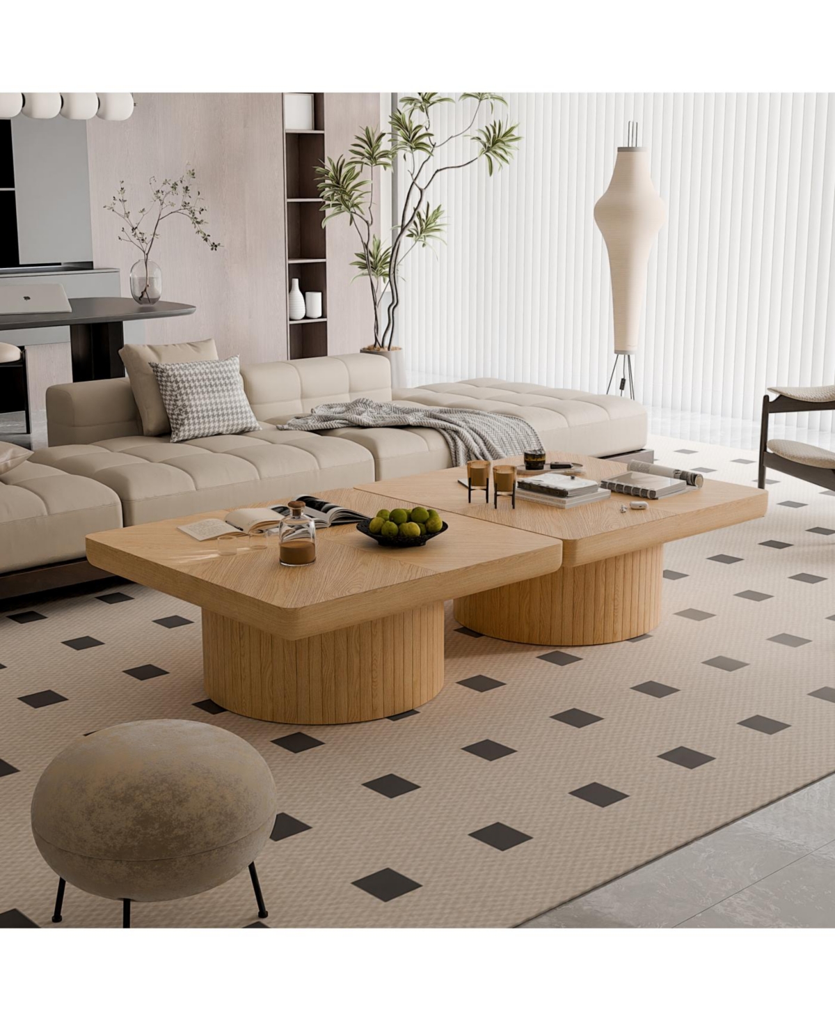 Streamdale Furniture Streamdale 34.6" Square Coffee Table, Modern Wood Veneer Top with Parquet Pattern & Cylindrical Base