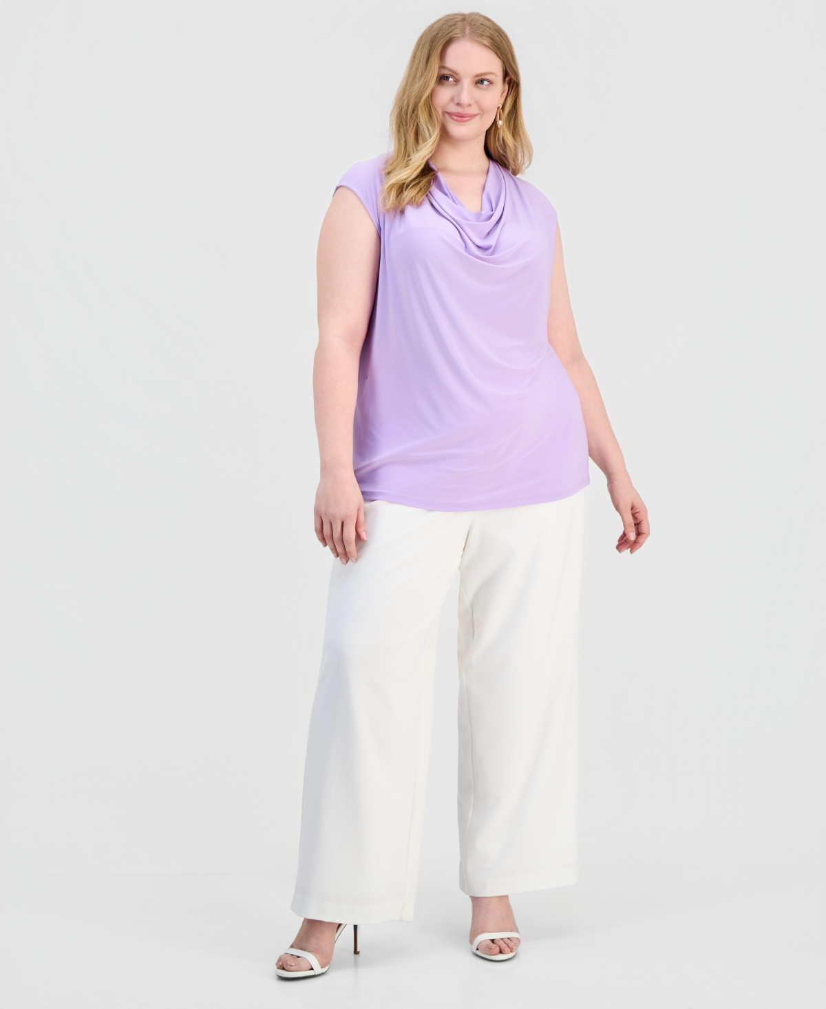Kasper Plus Cowl-Neck Cap-Sleeve Top