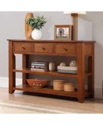 48" Solid Pine Wood Console Table with 3 Drawers & 2 Shelves (Brown)