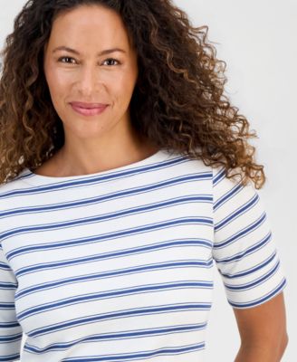 Women's Boat-Neck Elbow Sleeve Cotton Top, Exclusively at Macy's