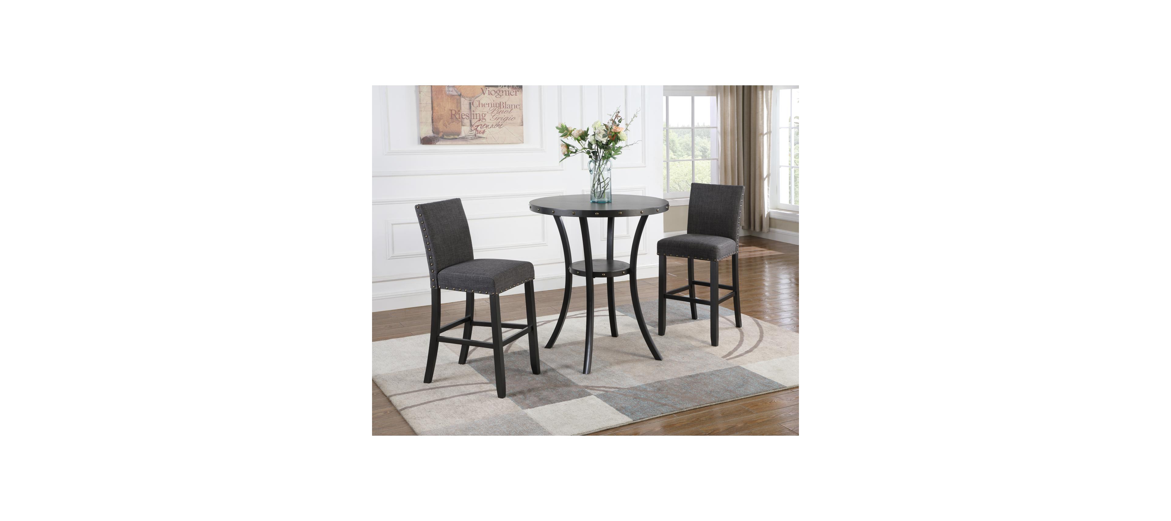 Streamdale Furniture 3-Piece 36" Round Espresso Bar Table w/ 2 Gray Nail Head Pub Chairs