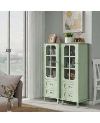 Minimalist Mint Green Buffet Cabinet with Glass Doors & Double Drawer